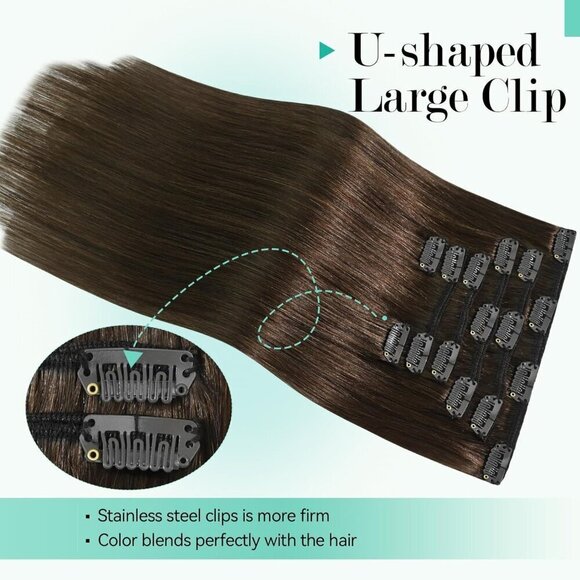 Hair Extensions Human Hair Clip In 15 Inch Medium Brown 7pcs Soft Straight main image 4